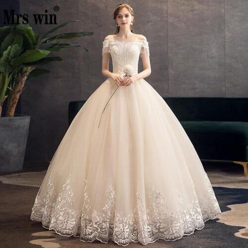 Wedding Dress 2021 Elegant Boat Neck Floor-length Lace Up Ball Gown Princess Luxury Lace Embroidery Beading Wedding Gowns