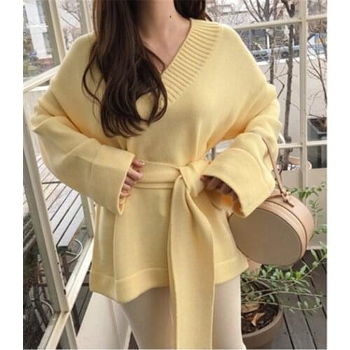 Women Casual Sweaters 2020 Korean Style Vintage V-neck Knit Long-sleeved Loose Lace-up Sweater Bottoming Casual Pullovers 5A089