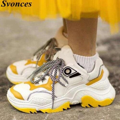 Yellow Real Leather Suede Women Casual Shoes Mixed Colors Women Platform Shoes Thick Rubber Sole Lace Up Trainers Woman Sneakers