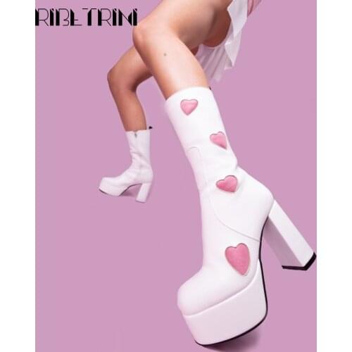 RIBETRINI 2021 On Sale Brand Round Toe high-heeled Zipper Heart Mid Calf Boots Women Dress Sweet Girls Autumn Shoes Big Size 43
