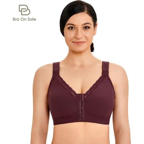 Womens Cotton Plus Size Front Closure Non-padded Wireless Support Posture Bra Lace