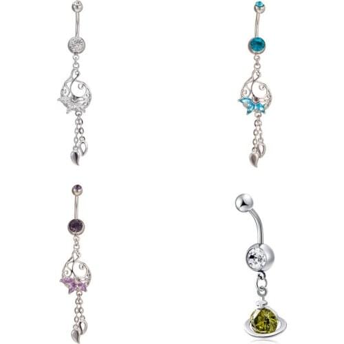 2019 Charm Sexy Body Piercing Jewelry Crystal Rhinestone Navel Piercing Tassels Sweet Dangle Belly Button Ring for Women