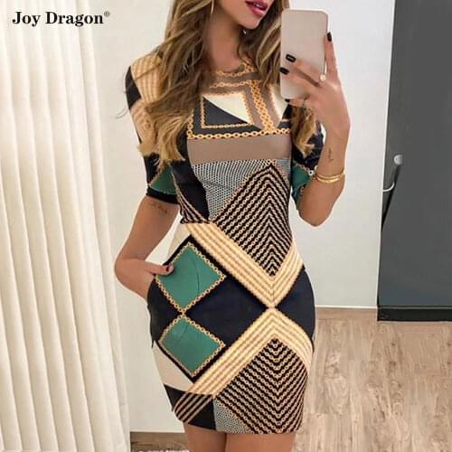Women Party Dress New Arrival 2020 Fashion Mid Sleeve Geometric Patterns Bodycon Club Evening Slim Mini Dresses Vestidos Cortos