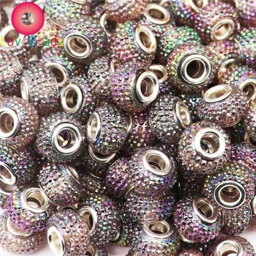 10 Pcs Black AB Color Big Hole Pandora Charms Bracelet Silver Plated Spacer Stopper Clip Charm Bead DIY Jewelry Making Berloque