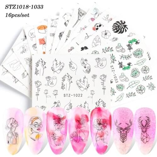 16pcs Fun Nail Art Stickers Nail Decals 3D Self-Adhesive Abstract Lady Face Rose Leaf Design Manicure Tips Decoration