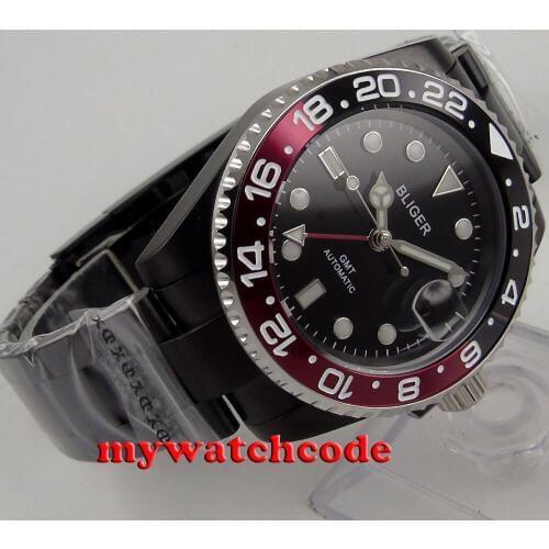 40mm Bliger black dial PVD case GMT date sapphire glass automatic mens watch
