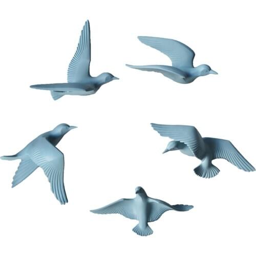 5pcs Nautical 3D Resin Seagull Birds Sculpture Crafts Wall Hanging Decor Plaque Murals for Cafe Pub Bar Blue