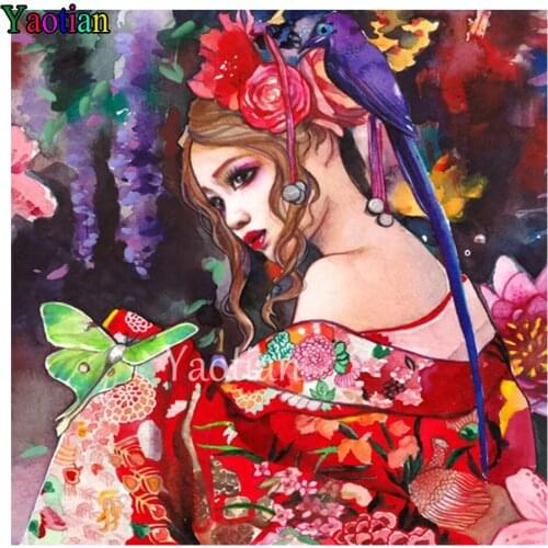 5d Diy Diamond Painting full square round Japanese woman and parrot diamond embroidery mosaic Rhinestone pictures home decor