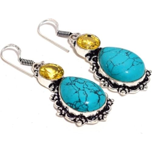 Turquoise + Citrine , Silver Overlay on Copper Earrings ,56 mm , E4568