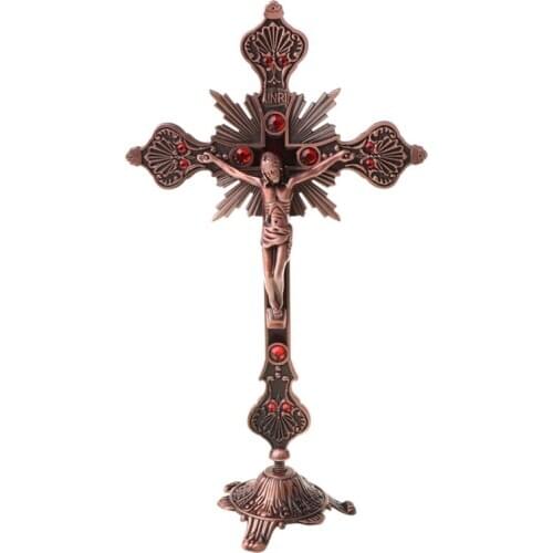 Church Relics Figurines Crucifix Jesus Christ Prayer on the Stand Cross Decor U2JC