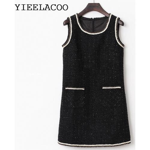 Black Tweed Dress Elegant Holiday Sparkling Bright Braided Autumn and Winter Womens Dress One-Piece Ladies Dress