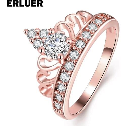 ERLUER Trendy Rose gold color Fashion jewelry engagement ring women Austrian Crystal Party girls Crown elegant rings Jewelry