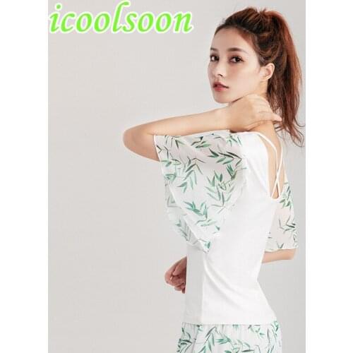 ICOOLSOON Sports suit women summer thin fitness running Yoga lotus leaf sleeve two 2 piece set leggings gym clothing workout