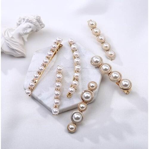 Ins Antique Small Big Curve Artificial Pearl Crystal Bobby Hairpins White Gold Headwear for Women