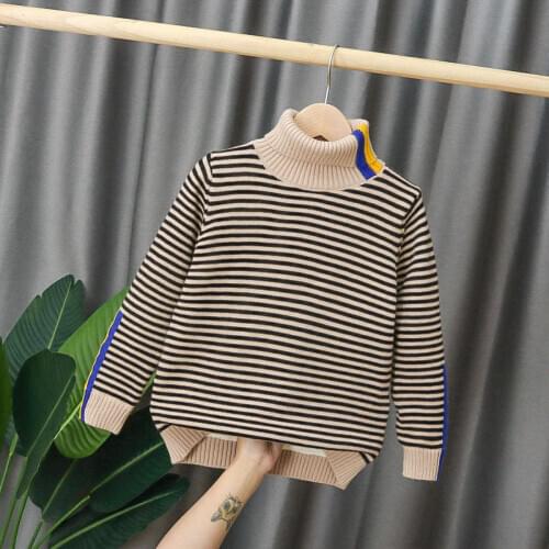 Baby boys Cardigan sweater 4-13 years autumn and winter High collar horizontal stripes knitting outwear Fashion Korean tops