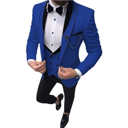 Royal Blue Shawl Lapel Men Suit Slim Fit 3 Pieces (Jacket+Vest+Pants) Wedding Groom Tuxedos Custom Made Prom Party Formal Wear