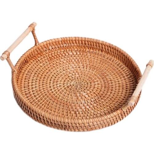 Rattan Basket, Autumn Rattan Weave Storage, Brown Washable Basket, Round Storage Tray, Handles on Both Sides