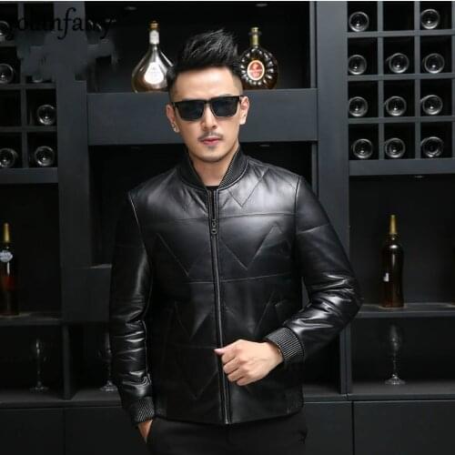 Leather Jacket Men Winter Bomber Jacket Real Sheepskin Coat Duck Down Baseball Jackets Plus Size Jaqueta De Couro 18016 YY531