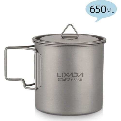 Lixada Titanium Cup Pots Outdoor Tableware Camping Picnic Water Cup Coffee Tea Mug with Lid Foldable Handle 300/350/550/650ml