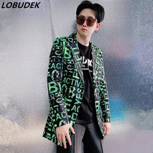 Bar Stage Male Singer Long Blazers Green Letter Pattern Suit-jackets Slim Fit Casual Coat Mens Singer Host Performance Costume