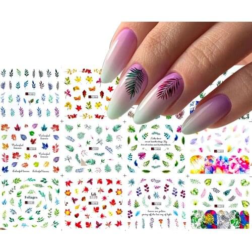 12 Styles Green Leaf Series Nail Water Decals Summer Theme Nail Transfer Adhesive Slider Sticker Nail Art Wraps Decoration