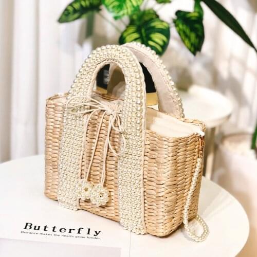 Beach Straw Bag Luxury Brand Design New Wave Fashion Messenger Bag Wild Pearl Chain Shoulder Hand-woven Handbags Square Bag
