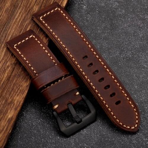 Handmade Italian Leather Watchband Half-Folded Cowhide Brown, 20 22 24MM For PAM111 441 Soft Bracelet Retro Style, Thick