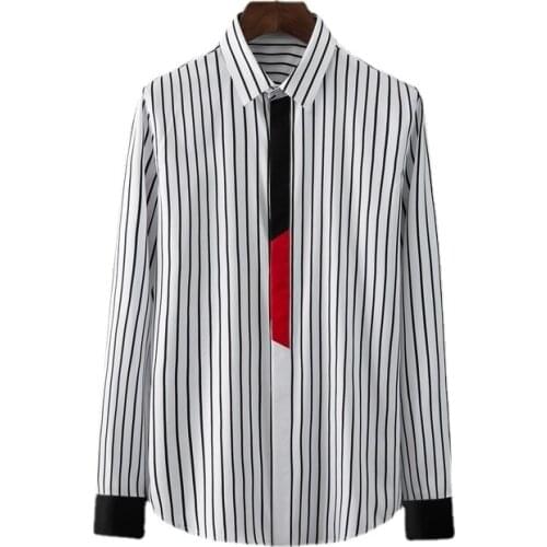 New Blue Black Stripe Male Shirts High Quality Long Sleeve Red Placket Casual Mens Dress Shirts Slim Fit Party Man Shirts 4XL