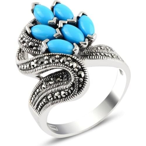Silver 925 Sterling Turquoise & Marcasite Ring