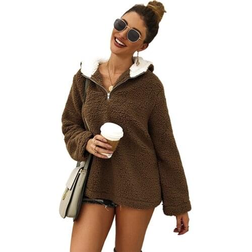 Autumn Women Casual Furry Polar Fleece Solid Hoodies Sweatshirts Long Sleeve Pullover Zipper Thick Streetwear Stand Neck Warm