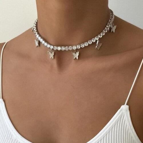 Gold plated iced out bling hip hop women charm jewelry geometry Heart arrow cz tennis chain with cz butterfly choker necklaces