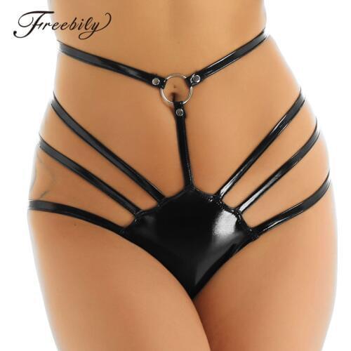 Wet Look Patent Leather Adjustable Waist High Cut Strappy G-string Thong Underwear Knickers Women Hot Sexy Lingerie Panties