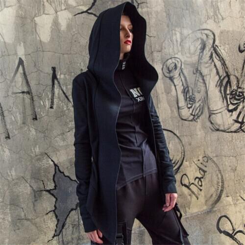 Gothic Jacket Women Coat Big Hat Cloak Cardigan Streetwear Batwing Solid Assassins Creed Pullover Long Sleeve Black Harajuku Top