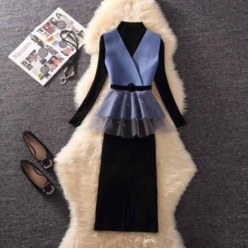 2021 Spring Autumn Knitted Set Fashion Korean Style V-Neck Vest + Long Sleeve Knit Sweater + Skirt Female Three Piece Suit X120