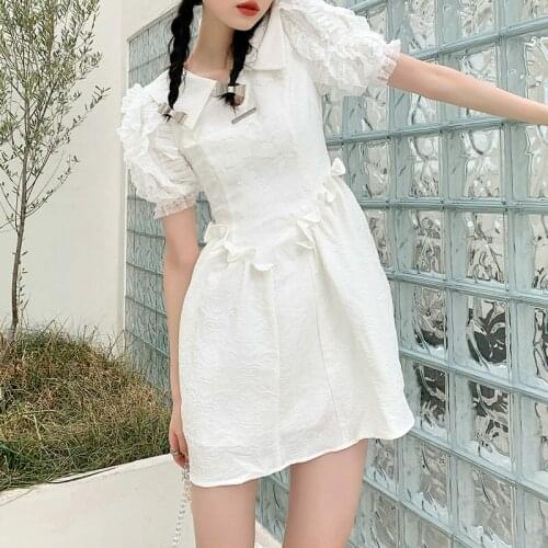 White Doll Collar Sweet Puff Sleeve Sress 2021 Summer New Korean Fashion Temperament Puffy Dress Women