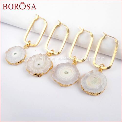 BOROSA 5Pairs White Natural Solar Quartz Rectangle Dangle Earrings for Women Sun Flower Charm Earrings Drusy Jewelry G1588