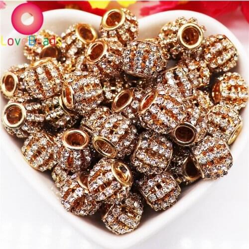 10Pcs Gold Rhinestone Crystal Glass Round Ball Beads Charms Rondelle Murano Spacer Fit Pandora Bracelet DIY Women Girls Jewelry