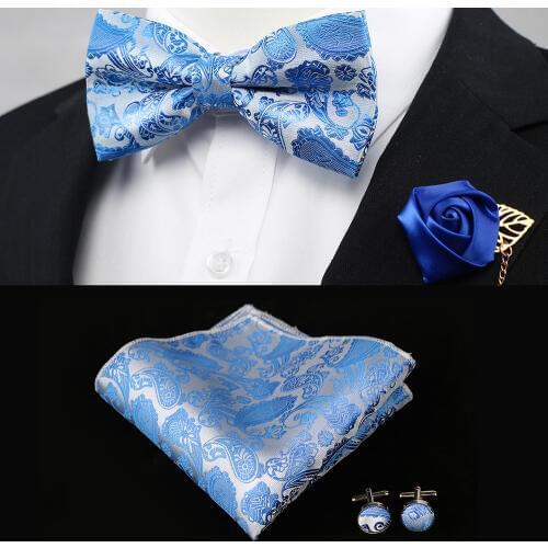 Floral Bow Ties with Handkerchief Set For Men Paisley Mens Bowtie Pocket Square Red Sky Blue Black Gold Color For Wedding