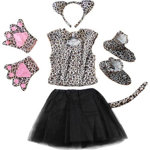 Children Leopard Animal Tutu Party Costume Set Black Fancy Dress Costume Party Little Cheetah Hairbands Skirt Shoe Cover