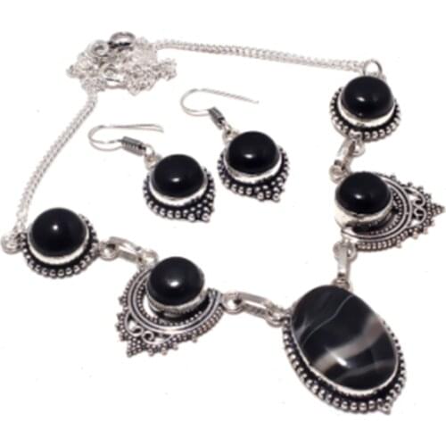 Botswana Agates,black Onyx Necklace + Jewelry Set Silver Overlay over Copper , 49 cm, N4320