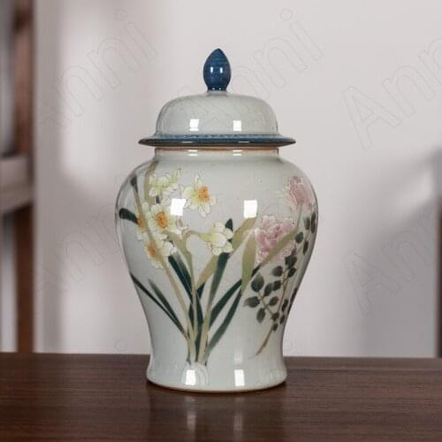 Creative Stoneware Vase Living Room Desktop Flower Vases Hand Painted Daffodil Coffee Table Tea Caddy Home Decoration Ornaments