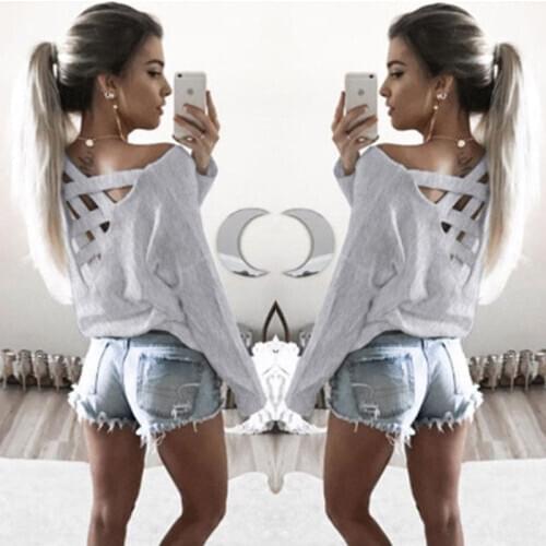 Fashion Casual Women Ladies Girls Clothes Solid Tops Loose Long Sleeve Back Cross T-Shirt Cotton Clothes