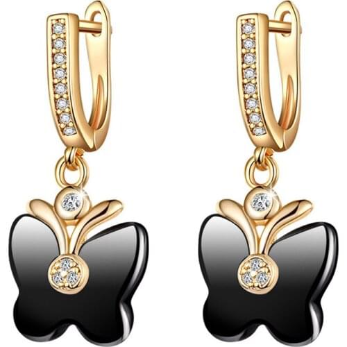 Fashion Cute Butterfly Shape Ceramic Drop Earrings Luxury AAA Cubic Zirconia Gold Color Dangle Earrings for Women Jewelry Gifts