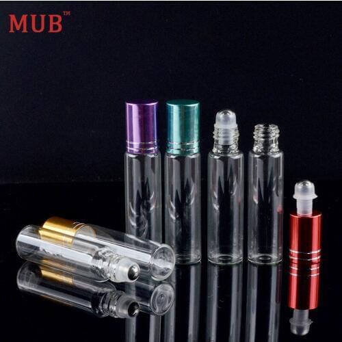 MUB - 10 ml 100 pcs/lot Transparent Glass Bottle For Essential Oils Steel Roll-on Refillable Perfume Bottles Empty Travel Case