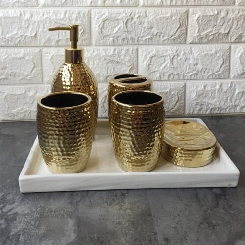 Bathroom Accessories Set Gold plating Soap Dispenser Toothbrush Holder Gargle Cup Bathroom Set With Ceramic Tray Wedding Gifts