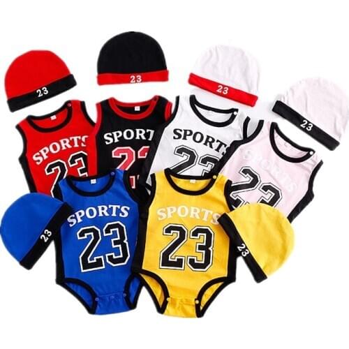 New Summer 2020 Unisex Baby Clothes Active Sleeveless Romper with Hat Set Multi-color Sports Costume Body Suits Boys Outfits