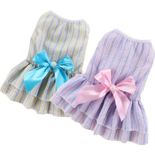 Vertical Stripes Bowknot Dog Skirt Dress For Small Dogs Pet Skirt Spring And Summer Sweet Princess Wedding Skirts Puppy Clothing