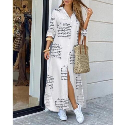 Kayotuas Women Dress Fashion Long Sleeve New Autumn Ladies Casual Turn-down Collar Maxi Straight Newspaper Letter Print Outfit