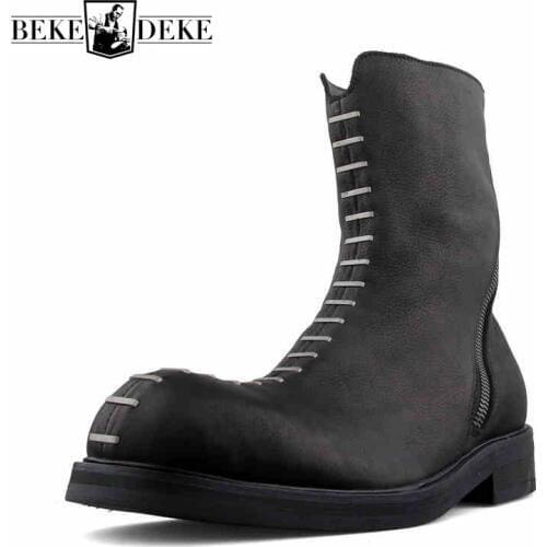 Luxury Rivets Cow Leather Boots Men Street Black Vintage Moto Biker High-Top Shoes Top Quality Punk Platform Mid-Calf Boots