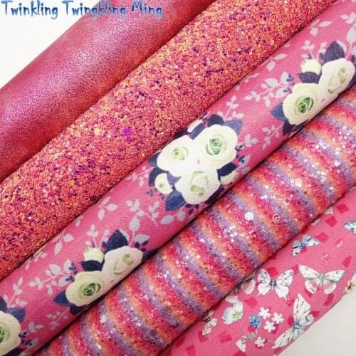 Rose Glitter Leather, Stripes Printed Glitter Fabric, Butterflowers Faux Fabric Sheets For Bow A4 21x29CM Twinkling Ming XM025F